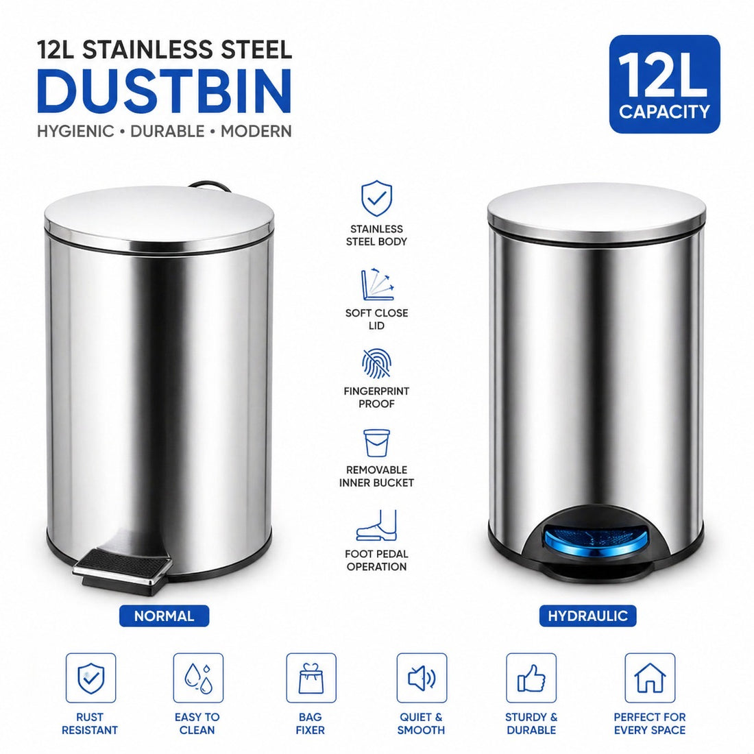 SS Dustbin 12 Liters - Normal and Hydraulic