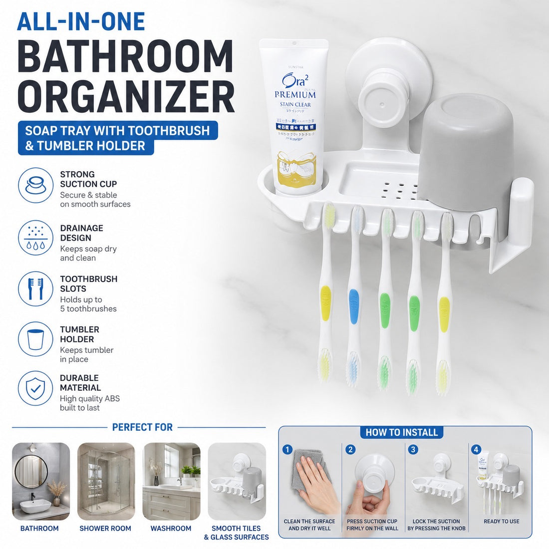 Multifunctional Bathroom Soap Tray 3 in 1 Suction Cup