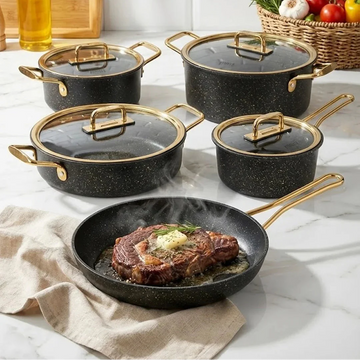 Falez Premium 9-Piece Granite Non-Stick Cookware Set - Parem Black