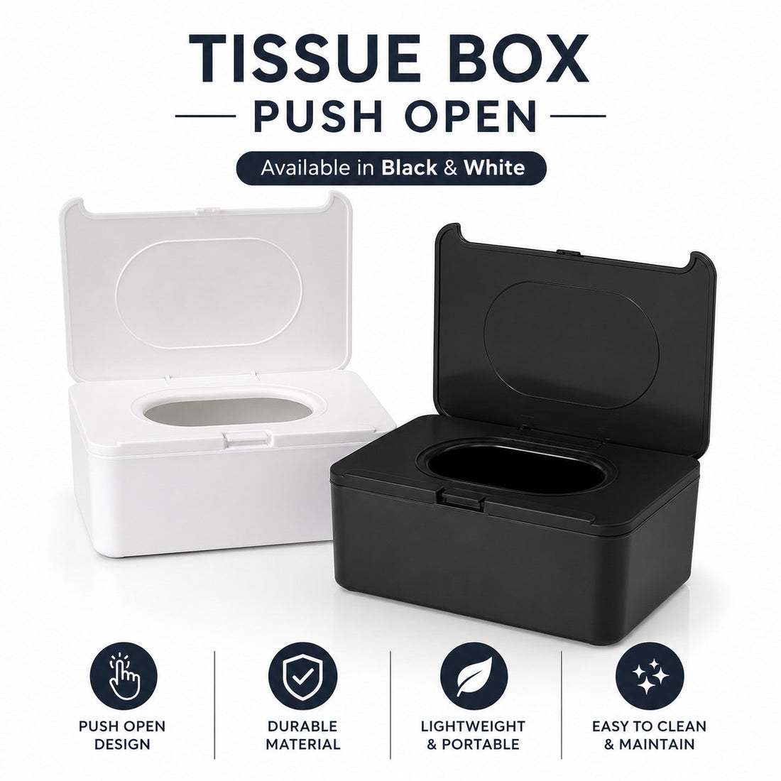 Black,White Soft-Open Push Button Tissue Box High-Quality Plastic