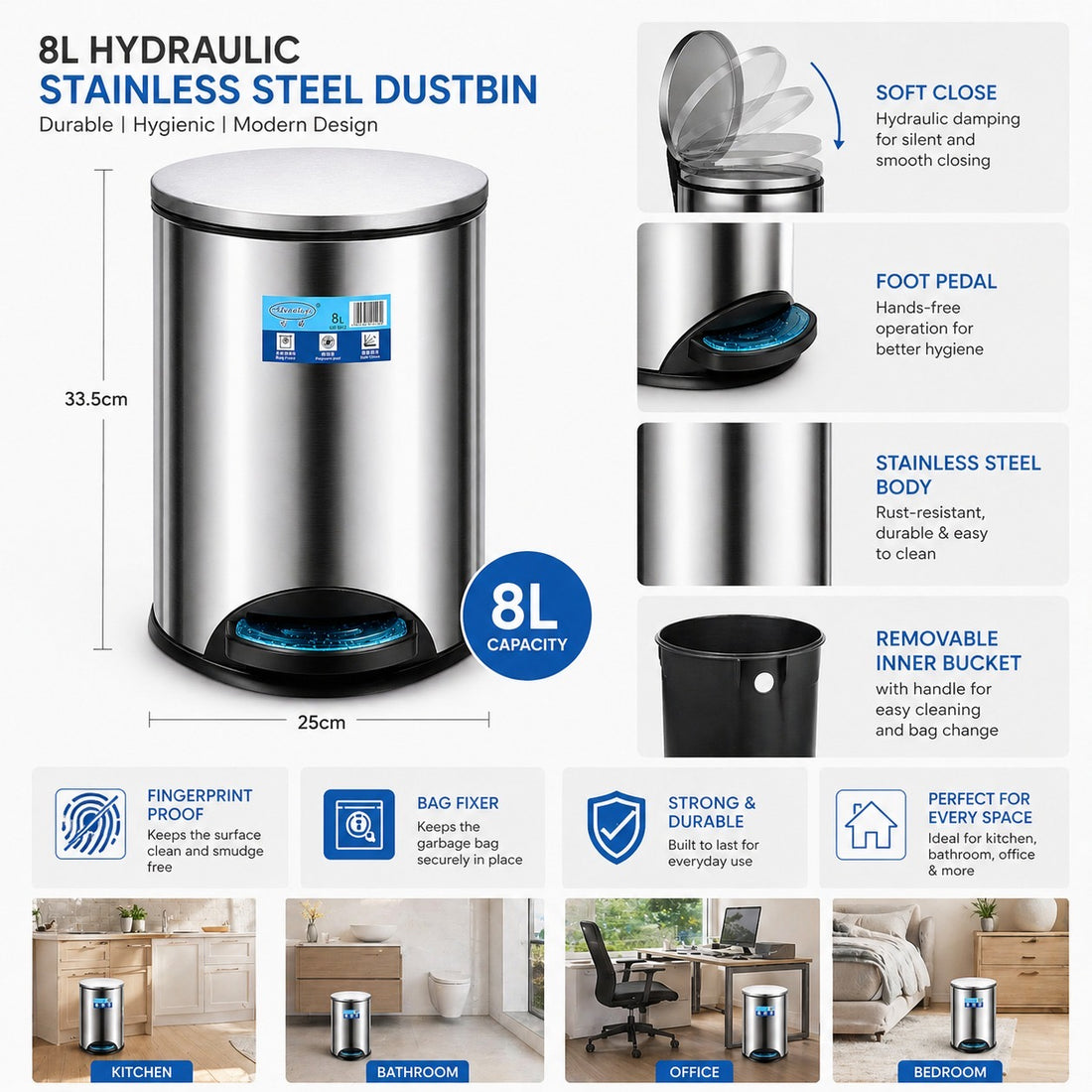 SS Hydraulic Dustbin 8L with Removable Bin