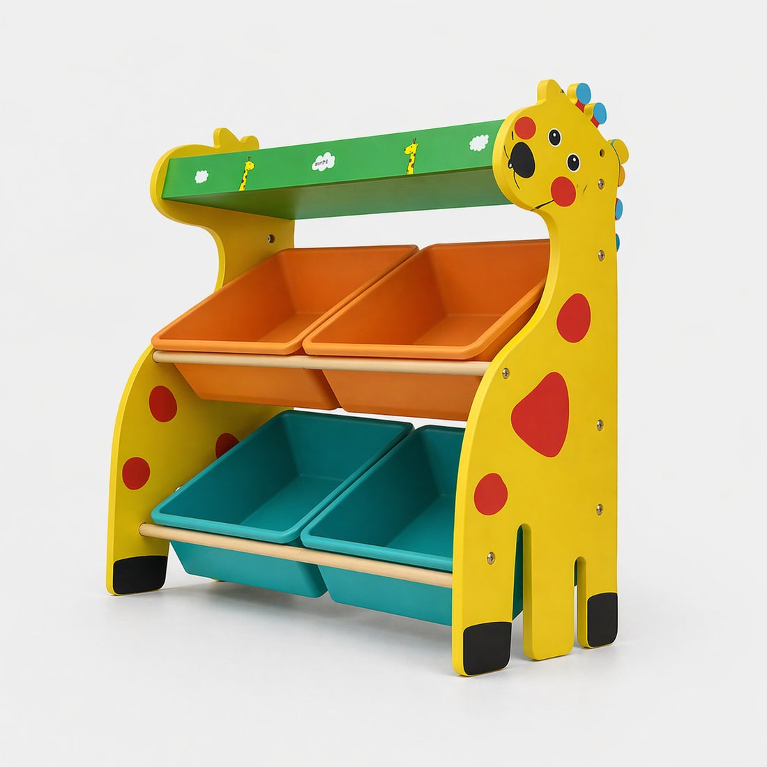 Children Wooden Rack with 4 Plastic Baskets - Heavy Duty