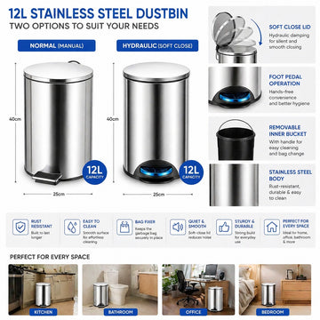SS Dustbin 12 Liters - Normal and Hydraulic