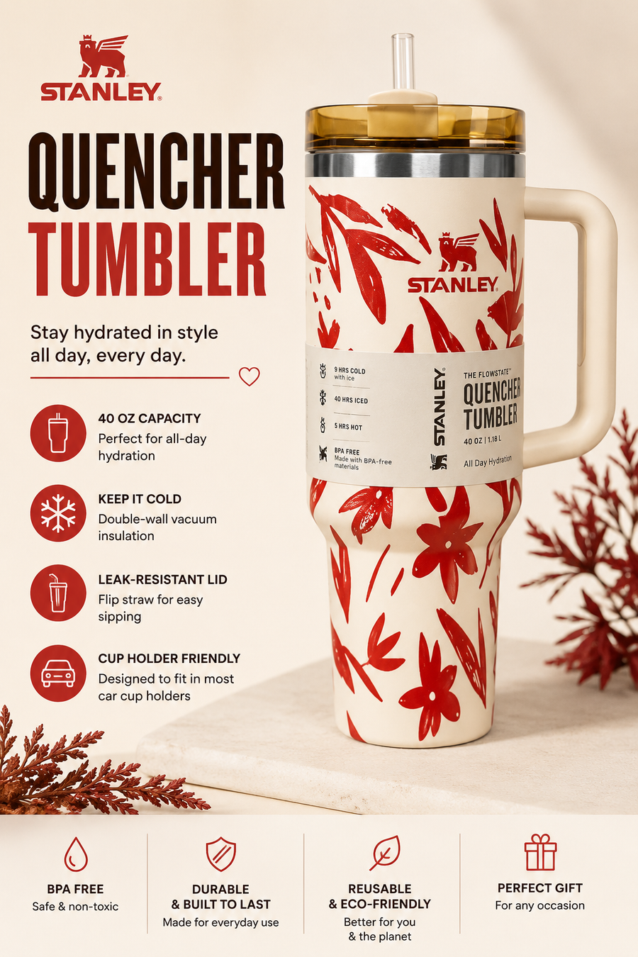Red Flower 40oz Quencher Cup