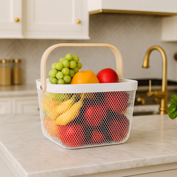 Fruit Mesh Basket With Wooden Handle - White