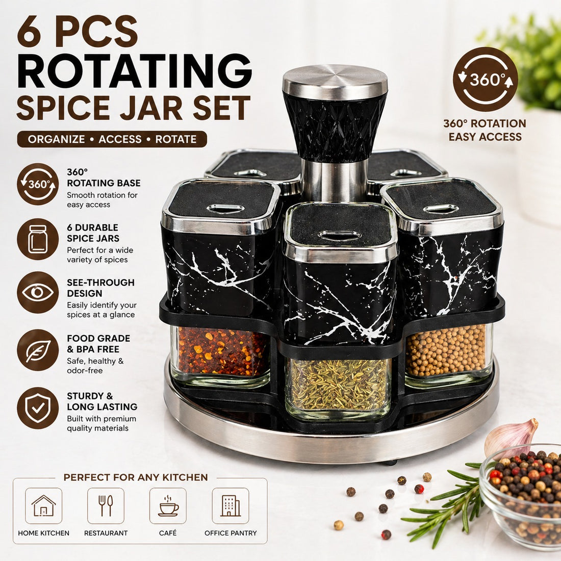 Luxurious 6 Piece Glass Spice Set Rotating