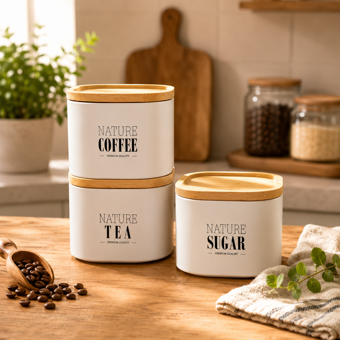 Square stackable tea,coffee and sugar jars set
Matrial: Metal