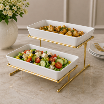 Brilliant 2-Tier Rectangular Serving Stand with Ceramic Trays