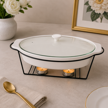 Brilliant 15-Inch Oval Ceramic Chafing Dish with Metal Candle Stand