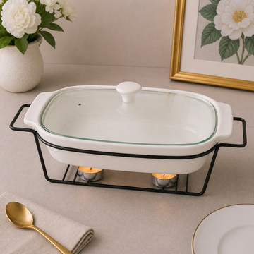 Brilliant 16-Inch Oval Ceramic Chafing Dish with Metal Candle Stand