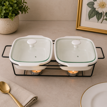 Brilliant 12-Inch Dual Oval Ceramic Chafing Dish Set with Metal Candle Stand