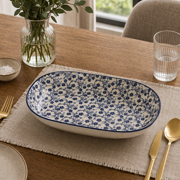 Danny Home Premium 12" Oval Porcelain Serving Plate – Blue Floral Classic Design