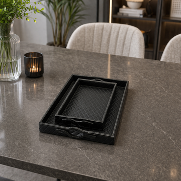 2-Piece Premium Leather Serving Tray Set (Textured Black)
