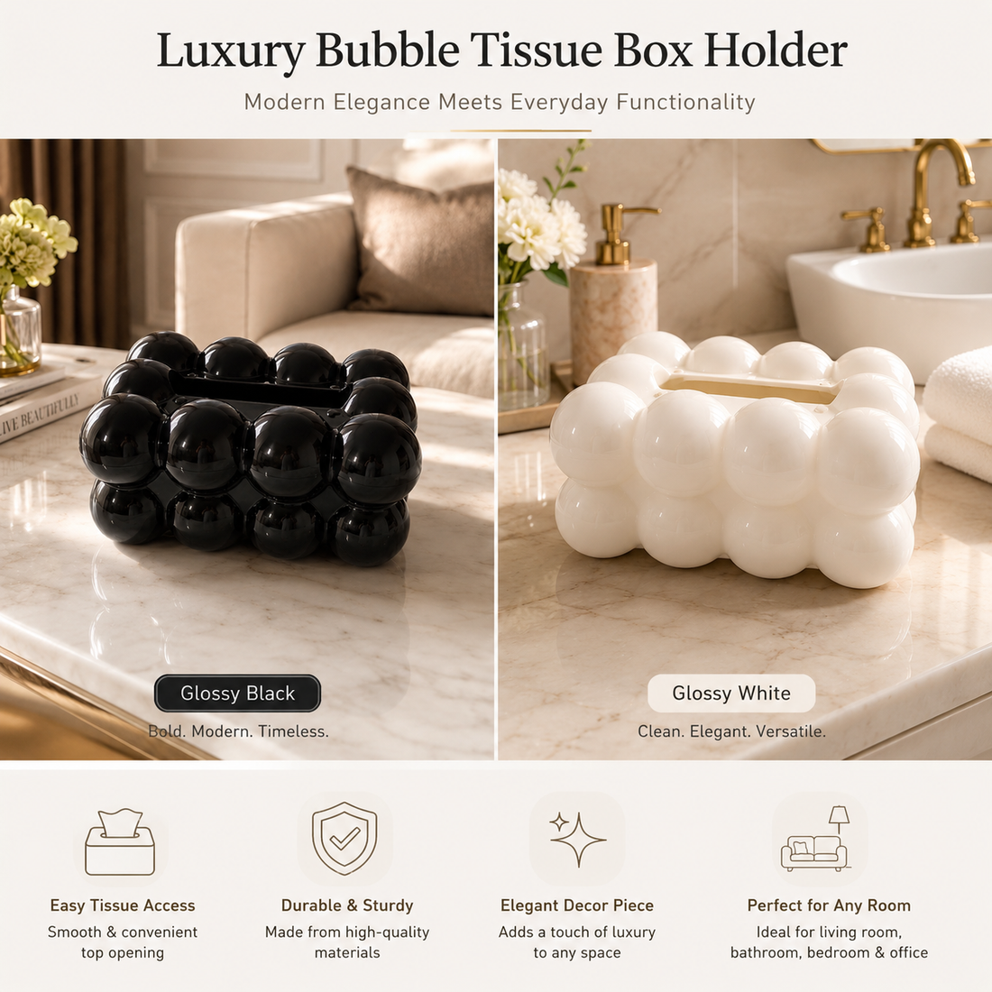 Luxury Bubble Tissue Box Holder | Modern Decorative Tissue Case | White