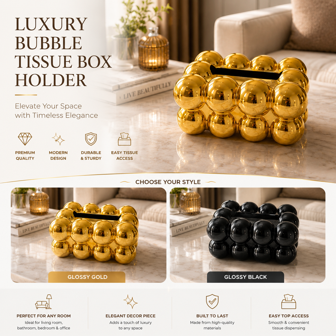 Luxury Bubble Tissue Box Holder | Modern Decorative Tissue Case | Golden
