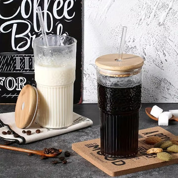 Glass Tumblers With Lid & Drinking Straw