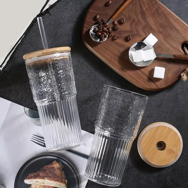 Glass Tumblers With Lid & Drinking Straw