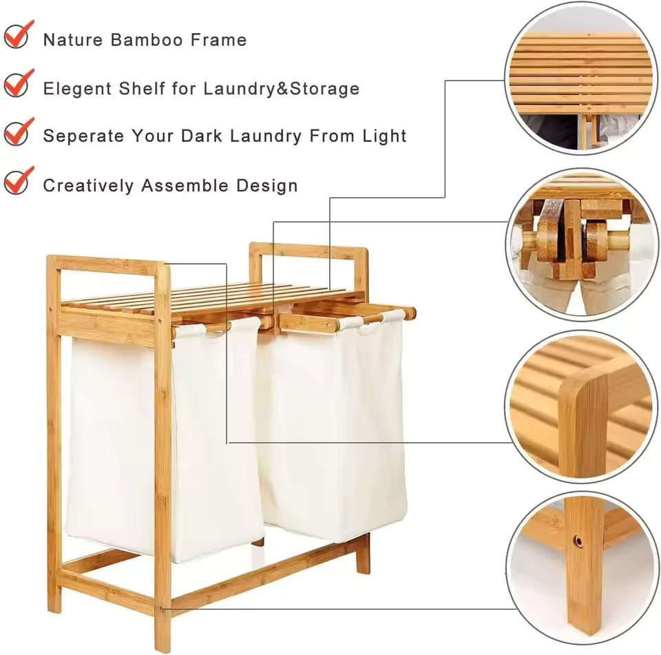 Bamboo Laundry Hamper With Dual Compartments - White