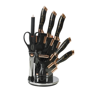Textured Handle Knife Sets With Acrylic Rotate Stand (Black Marble)