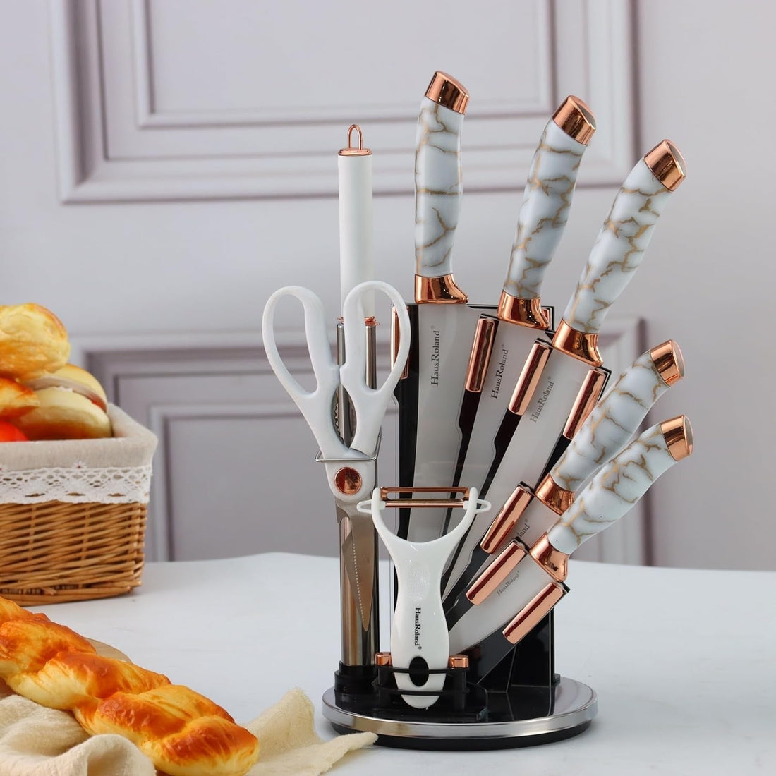 Textured Handle Knife Sets With Acrylic Rotate Stand (Black Marble)