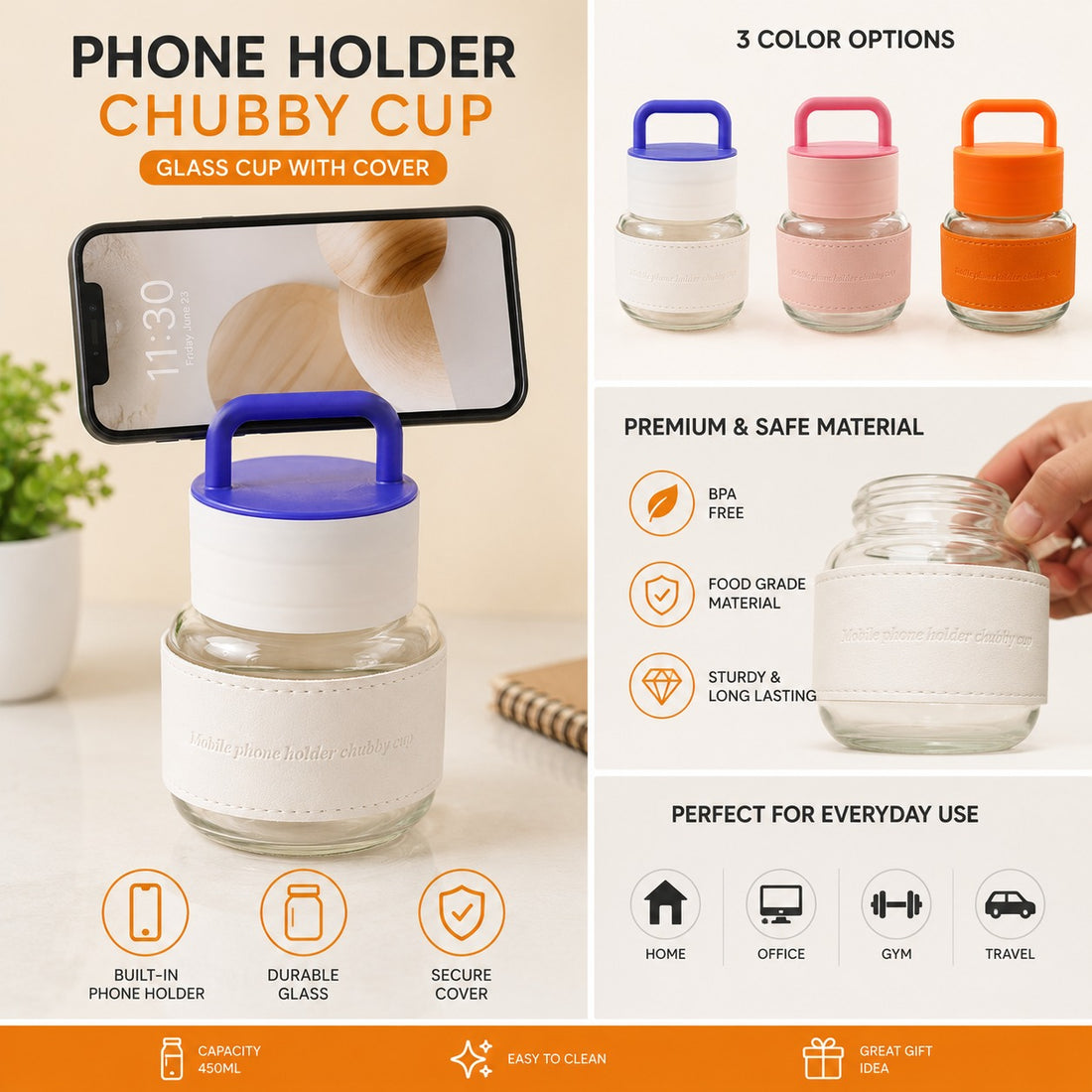 Glass Level Cup with Handle/Phone Holder