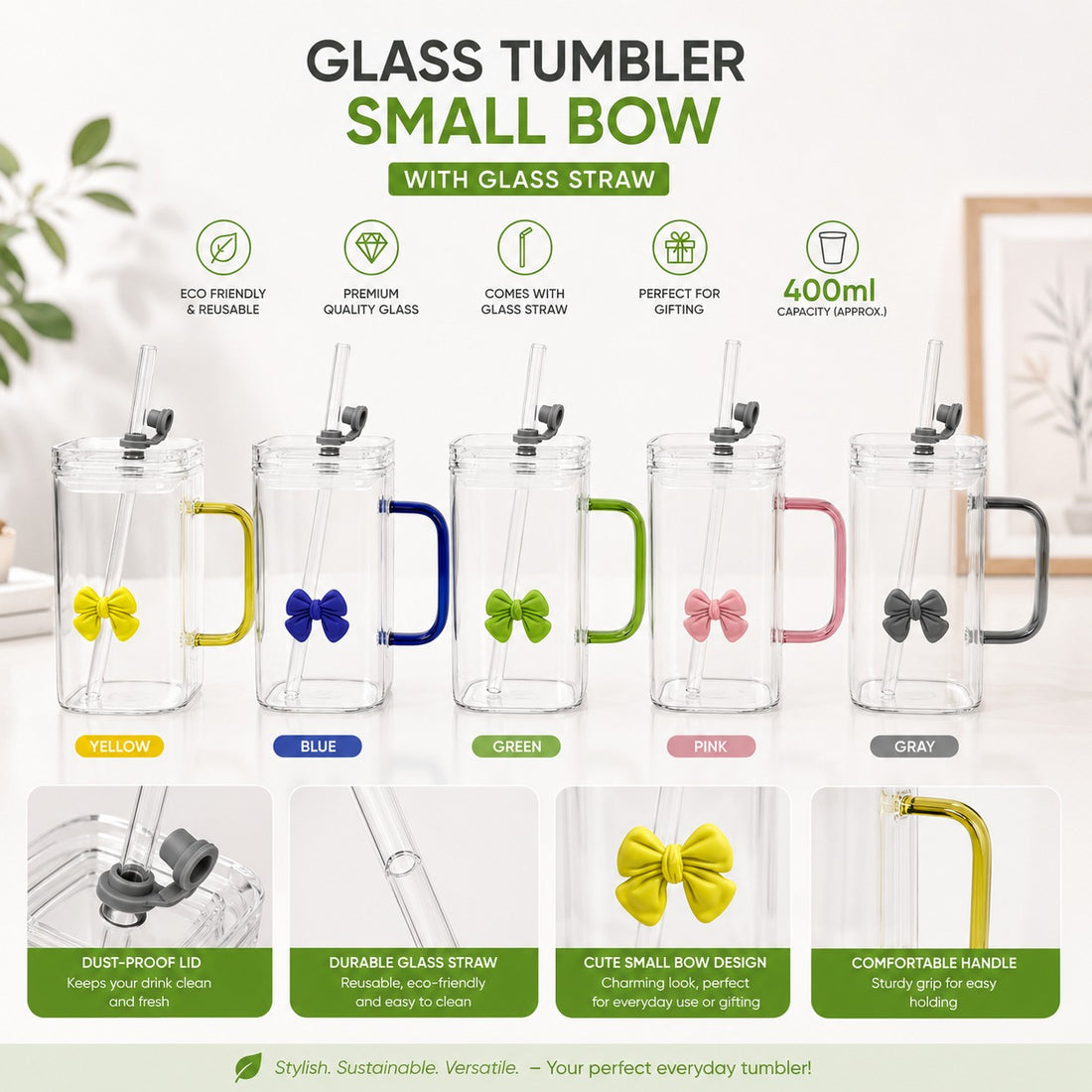 Bow Glass Tumbler with Glass Straw 400ml
