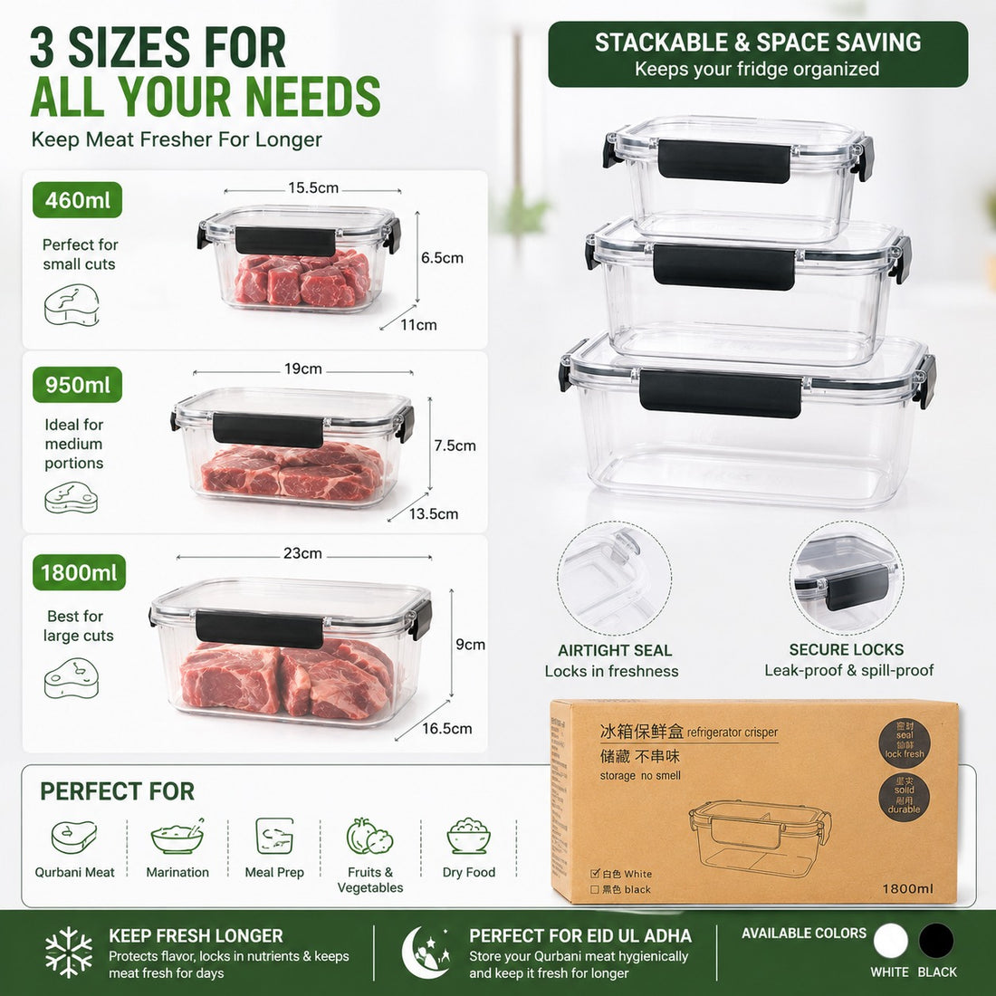 Fridge Box Crisper 3 Piece Set Best for Meat Storage