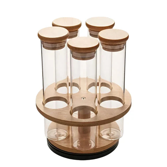 Bamboo Rotating Glass Tube Spice Rack - 6 Jars