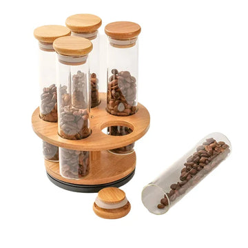 Bamboo Rotating Glass Tube Spice Rack - 6 Jars