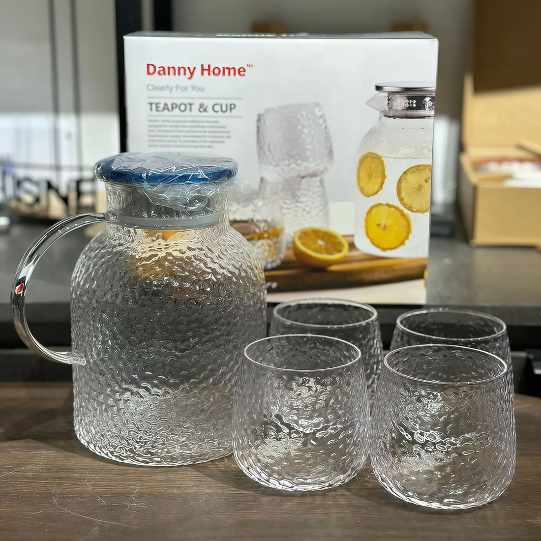 Danny Home 5Pcs Teapot & Glass Set - Hammered Texture