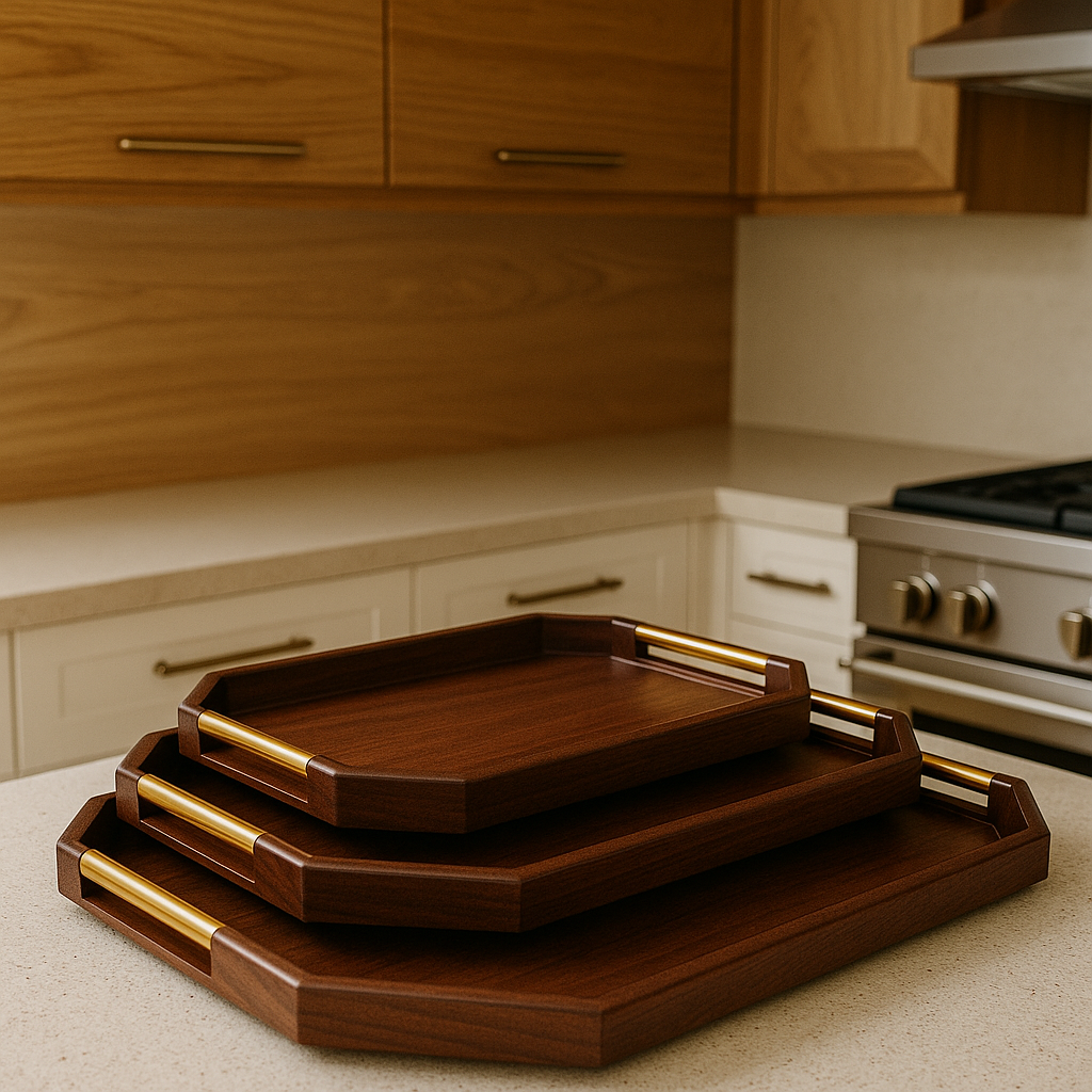 Premium 3 Pcs Walnut Wooden Serving Tray Set with Gold Handles